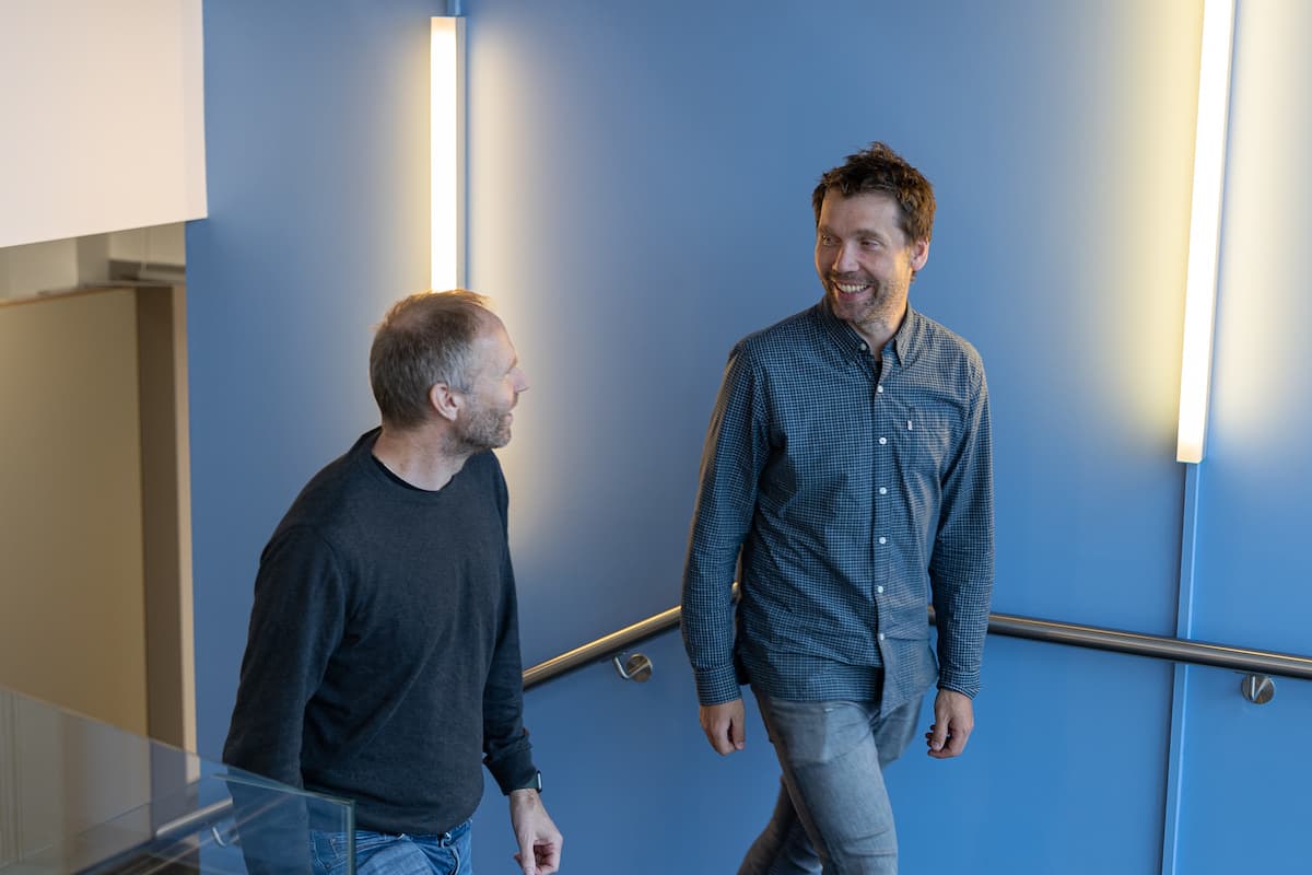 går i trappa To menn går oppover en trapp